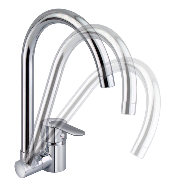 Miscelatore per cucina in ottone cromato, con canna abbattibile sottofinestra laterale