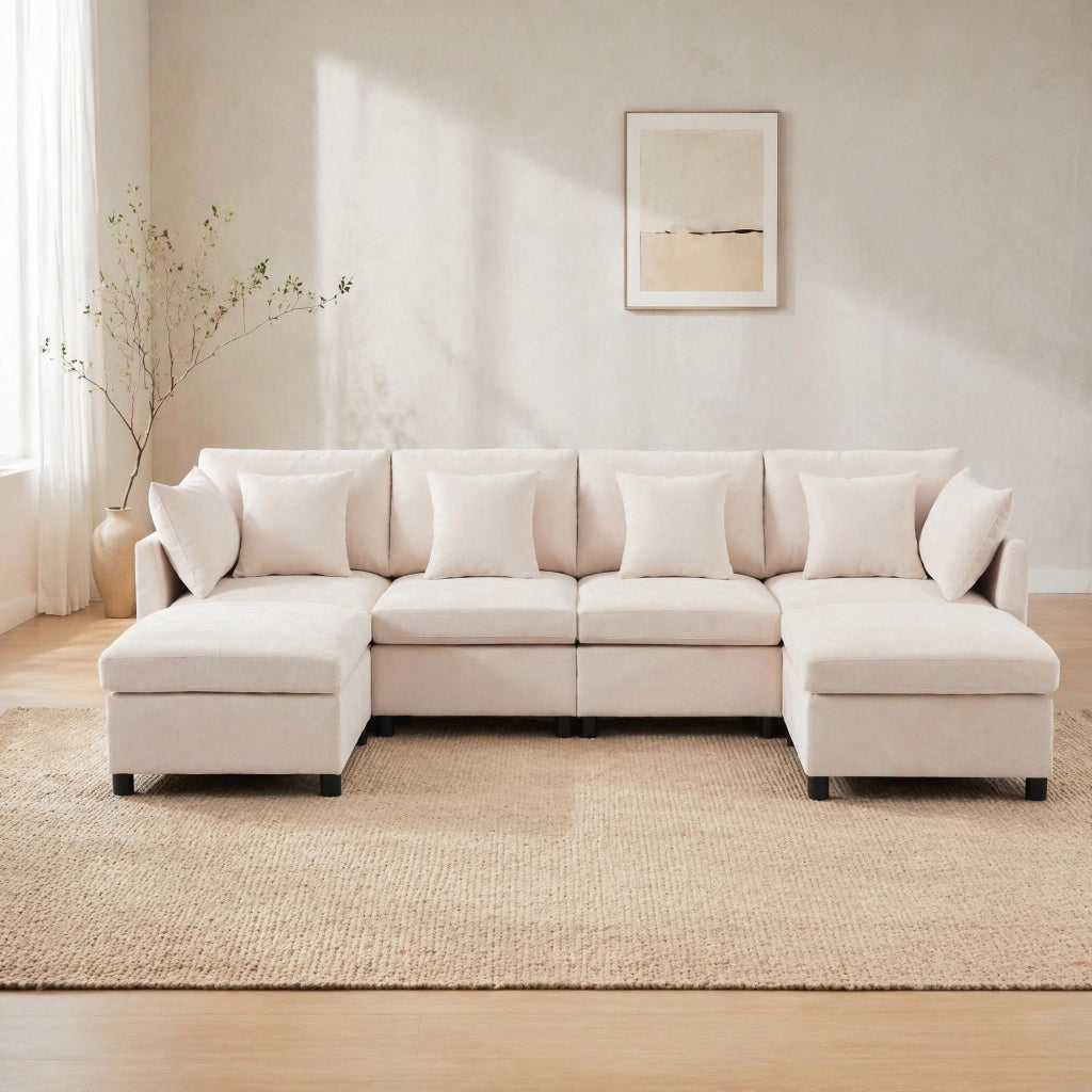 Divano modulare in chenille, trasformabile in configurazione U o L, con 2 pouf e 6 cuscini, beige