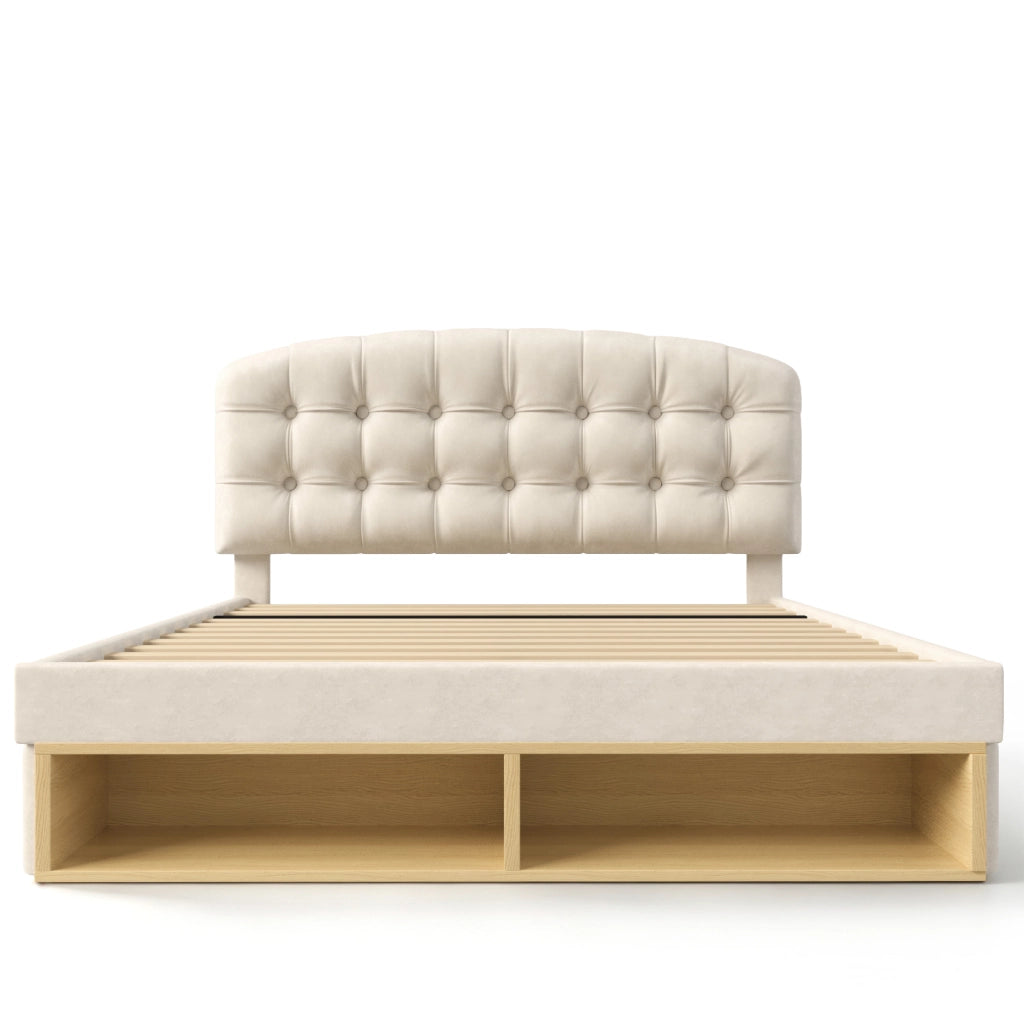 Letto Matrimoniale 140x200 Imbottito in Velluto Beige con Cassetti e Testiera Regolabile