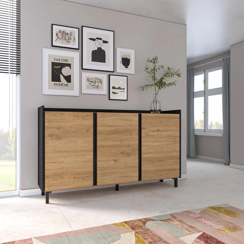 Credenza, Mobile, Cucina, 156x91x35 cm, 3 Porte, Design industriale, Rovere e nero