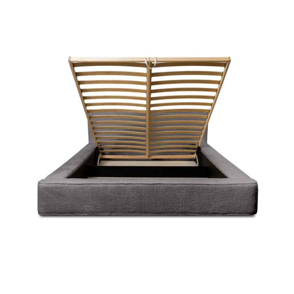 Letto contenitore VELORA – Grigio cenere bouclé – 140x200 cm – Tessuto velluto morbido – Rete sollevabile – Contenitore integrato