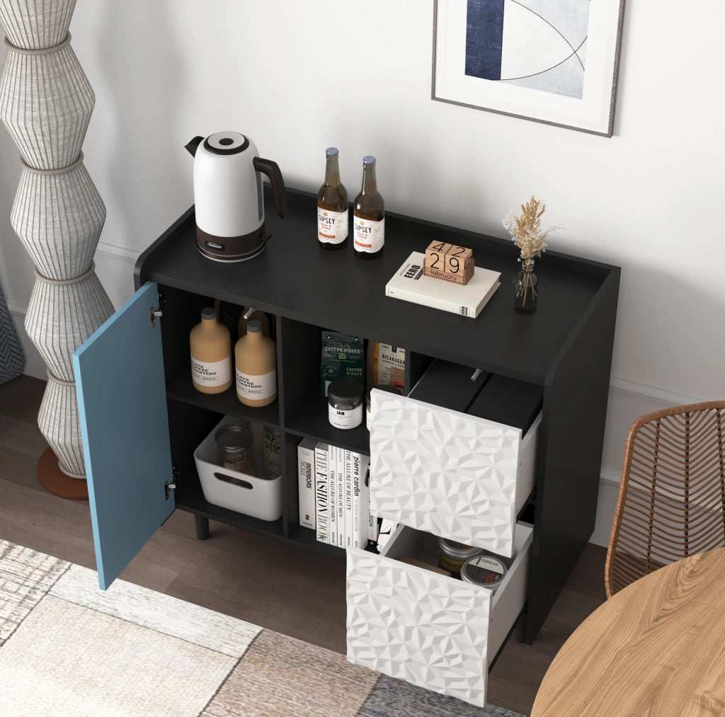Credenza buffet con 2 cassetti e vani aperti; 90 cm; in MDF nero e blu