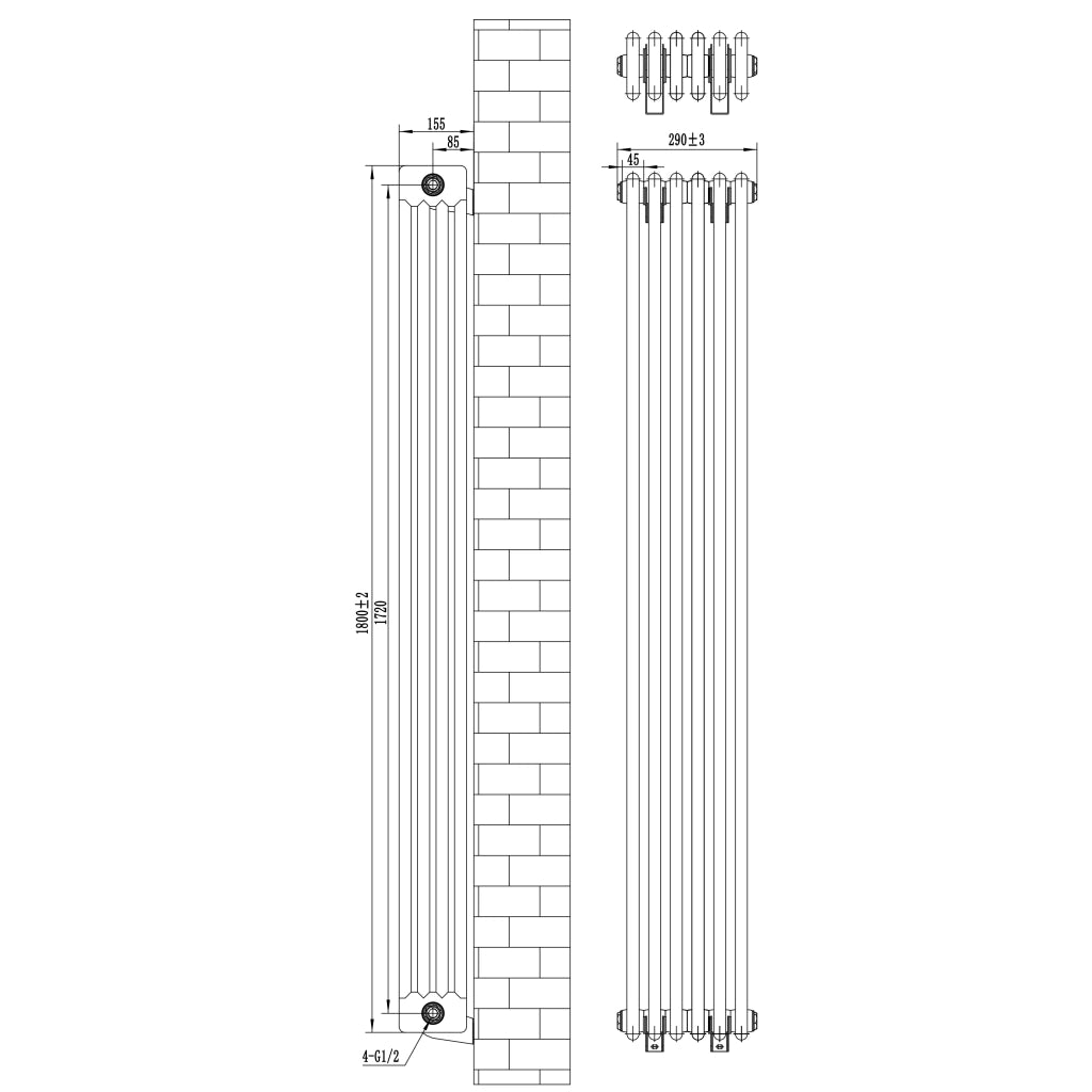 Radiatore Tradizionale 4 Colonne Verticale Riscaldamento Antracite 1800x290 mm