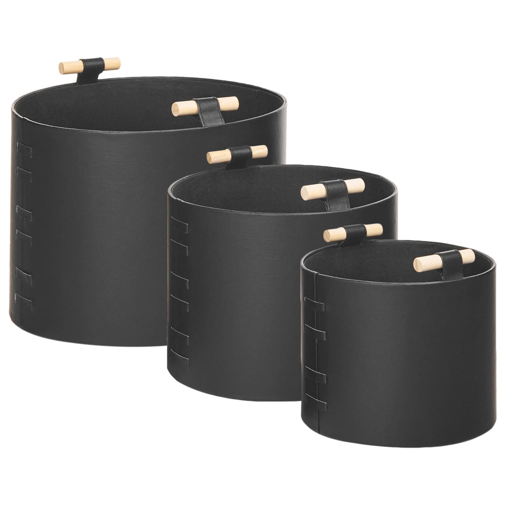 Set di 3 cesti portaoggetti fatti a mano con manici in ecopelle nero