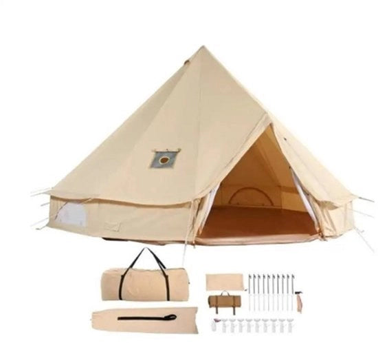 Tenda per Campeggio - Tenda Tipt - Tenda per Tenda da Terra - Diametro 3 M - Adatto per 3-4 Persone - Piatto di Fondazione in Cotone e PVC - Con Supporto per Caminetto - Beige