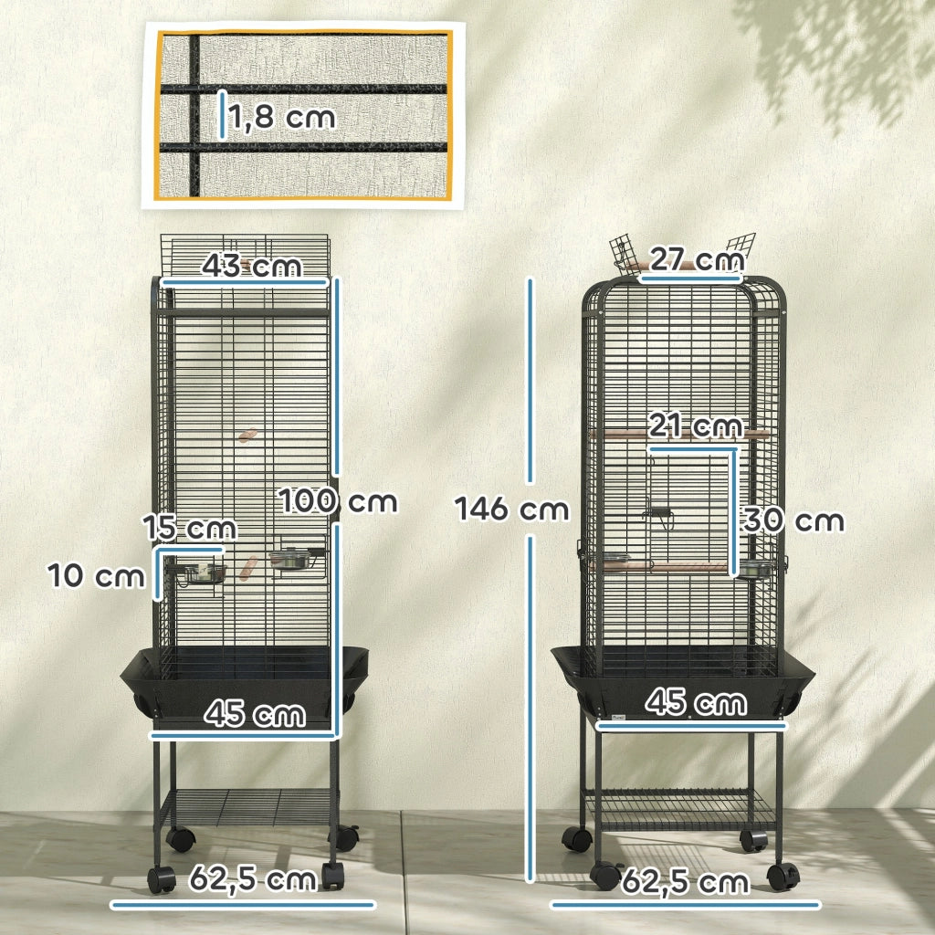 Gabbia per Uccelli con Ruote, Mangiatoie e Ripiano ¨C Zephmum ¨C Grigio Scuro 62.5x62.5x146 cm