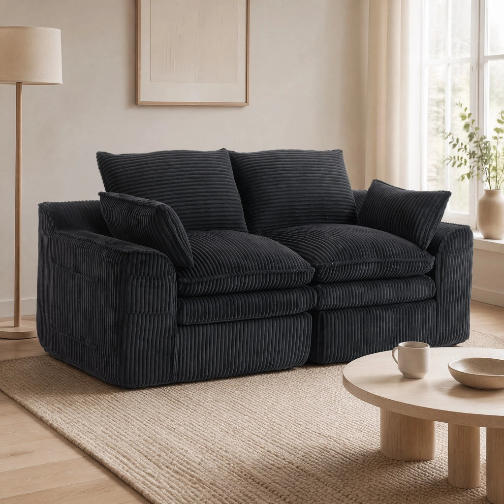 Divano 2 posti modulare in corduroy nero con tasche laterali, cuscini e struttura in schiuma a 3 strati con molle, 191×94×85 cm