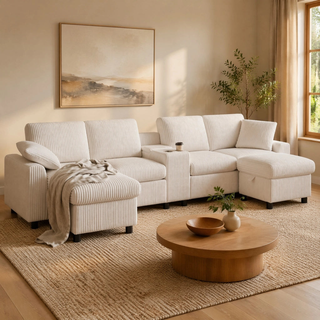 Divano U in tessuto boucl¨¦ beige con 2 pouf contenitore, tavolino laterale, porte USB e prese di corrente, 315¡Á135¡Á81 cm