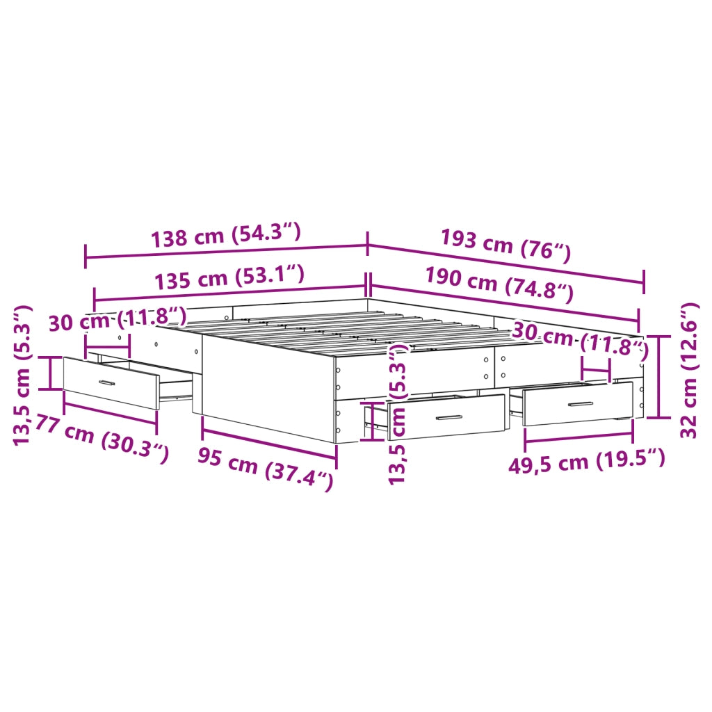Struttura Letto con Cassetti Legno Invecchiato 135x190 cm Legno Ingegnerizzato