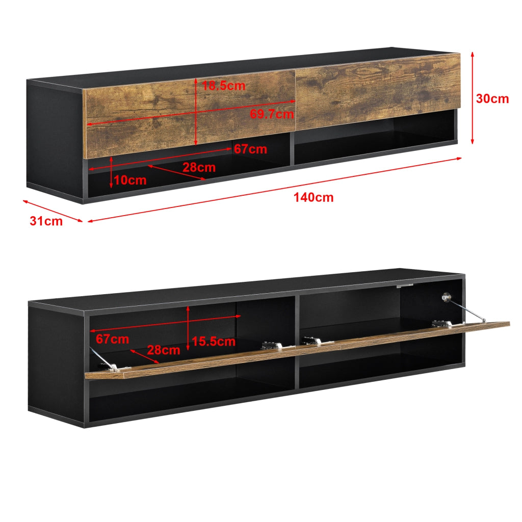 Mobile Porta TV Halmstad da Parete con Ante a Ribalta 140 x 31 x 30 cm - Nero/Effetto Rovere Scuro [en.casa]
