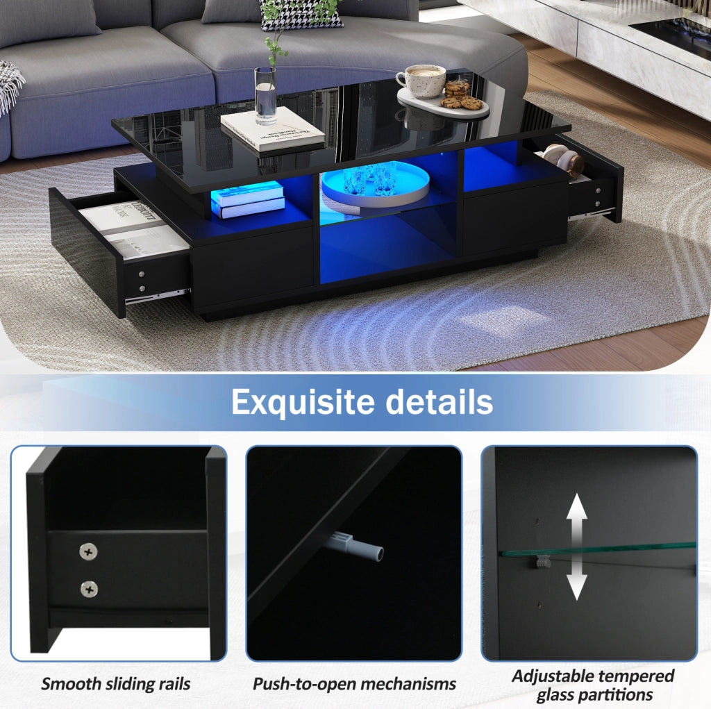 Tavolino da caffè 100x50x36 cm con LED; 2 cassetti e ripiani in vetro; nero lucido