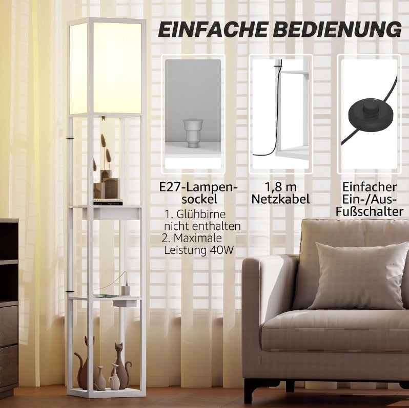 Lampada da terra bianca in MDF con 3 ripiani, interruttore a pedale e porte USB