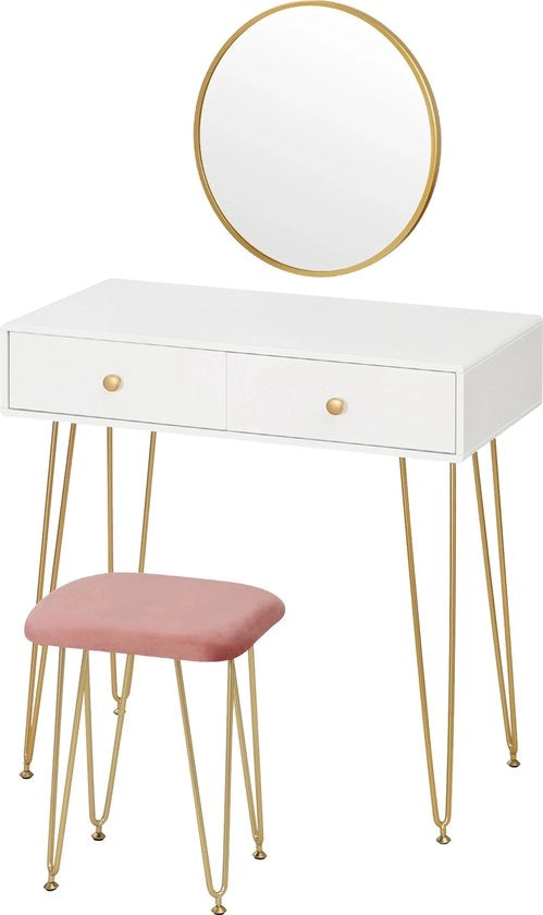 Dresso con Specchio - Tavolo da Trucco - Con Specchio - Comodino - Tavolo da Trucco - Camera da Letto - Stile Moderno - Rosa/ Oro - 2 Cassetti