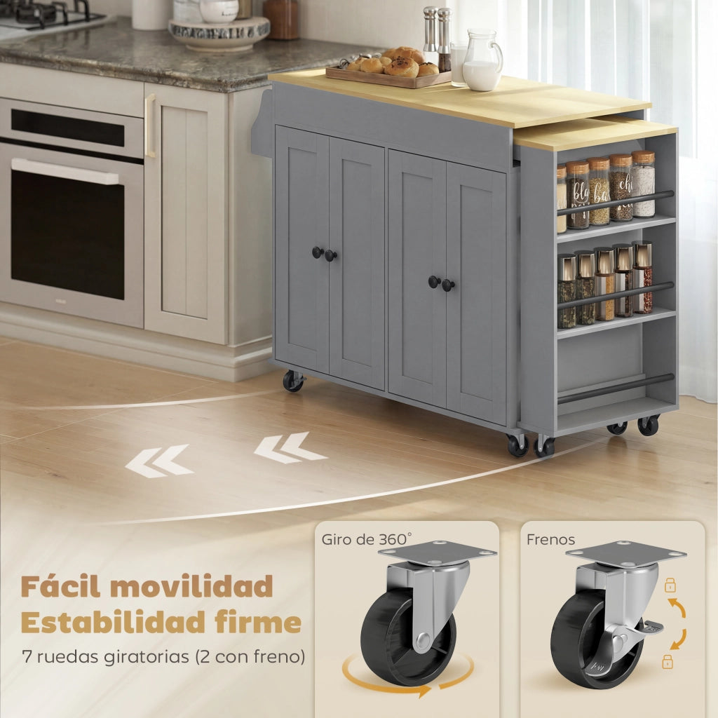 Carrello da Cucina con Ruote ¨C Xylo ¨C Piano Estensibile, 4 Ante, Ripiani Regolabili, Grigio