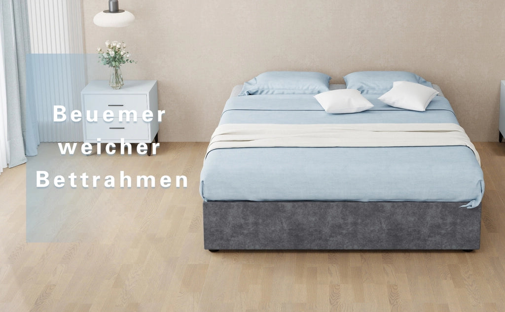 DESMIU Letto singolo 140 × 200 cm con rete a doghe, senza materasso, in tessuto grigio e metallo