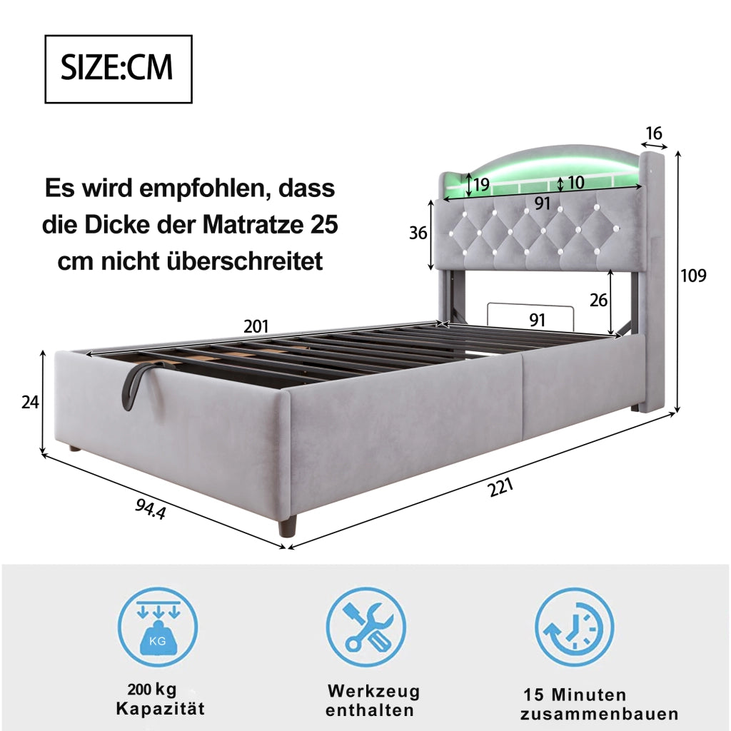 DESMIU Letto bambino 90 × 200 cm con contenitore, LED, USB e Type-C, senza materasso, in velluto, grigio