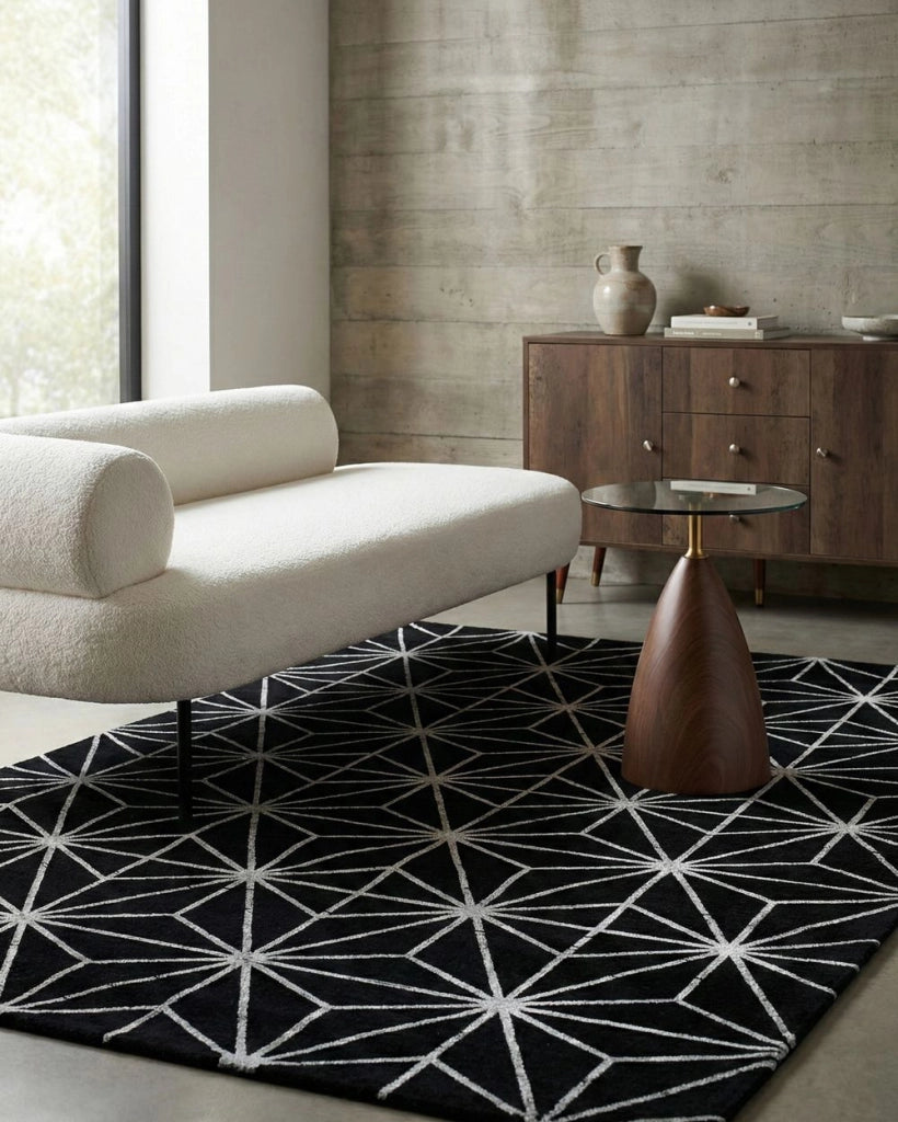 Tappeto tappetino Nero e Argento Motivo Geometrico Viscosa e Cotone 160 x 230 cm Tessuto a Mano Moderno Stile Glam Soggiorno Camera da Letto