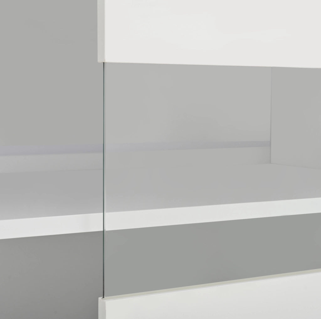 Madia 140x40x84 cm con luci LED telecomandate e 3 ante in truciolato e vetro bianca