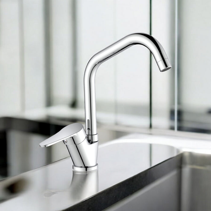 Miscelatore per cucina in ottone cromato, canna a ponte