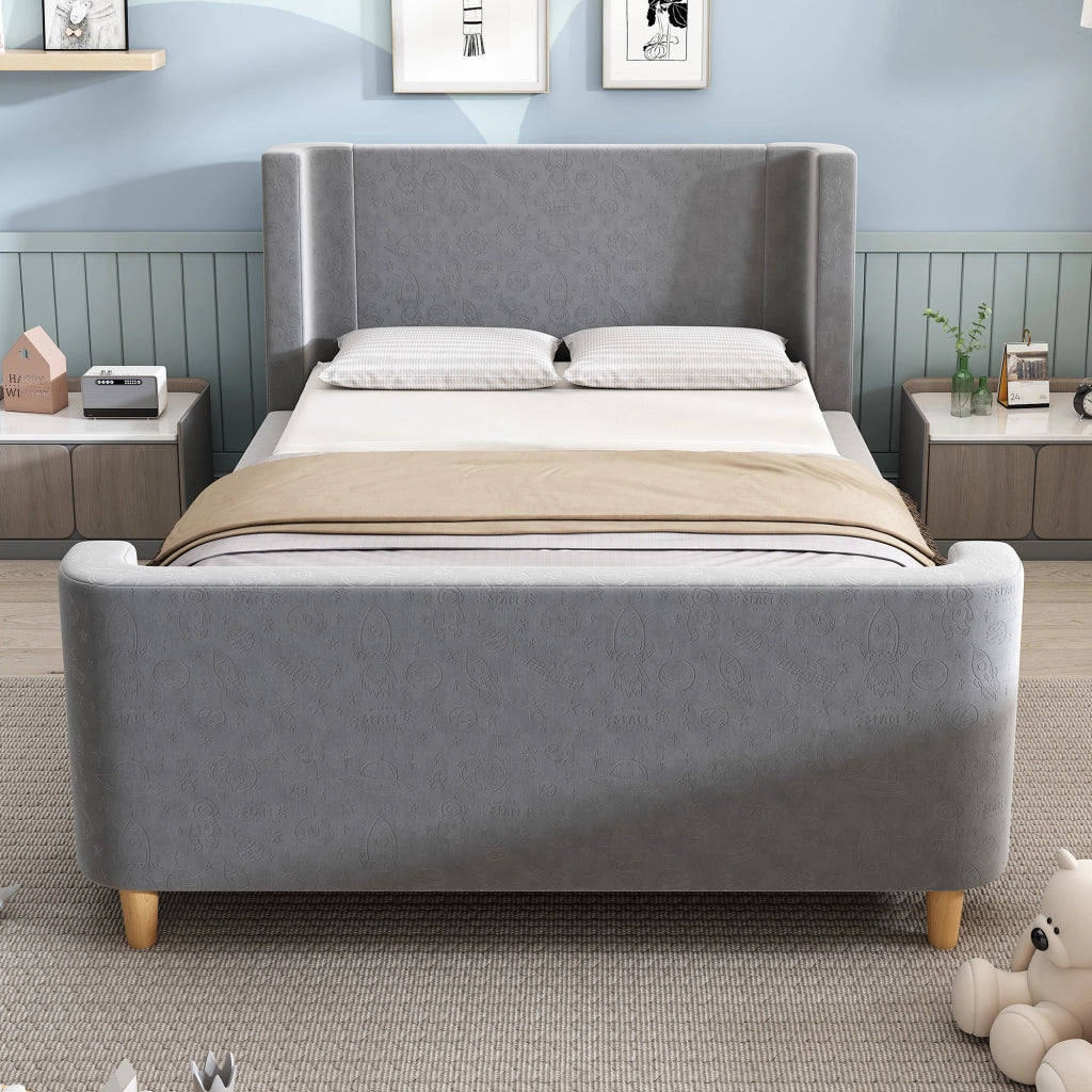 LETTO Bambini a slitta 90x200 cm in velluto grigio con motivo spaziale