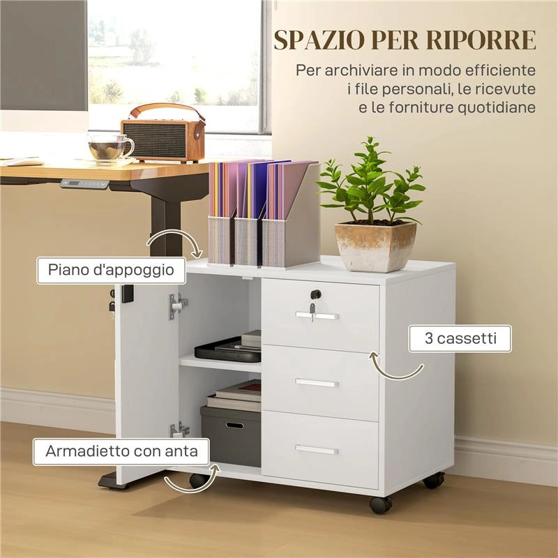 SCHEDARIO PER UFFICIO CON 3 CASSETTI E ARMADIETTO CON 3 RIPIANI REGOLABILI, IN LEGNO, 60X40X56 CM, BIANCO