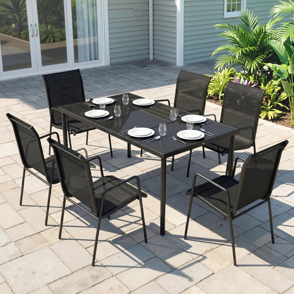 Set Giardino 6 Posti con Sedie Impilabili ¨C zephmum ¨C Textilene Nero 70x51x87