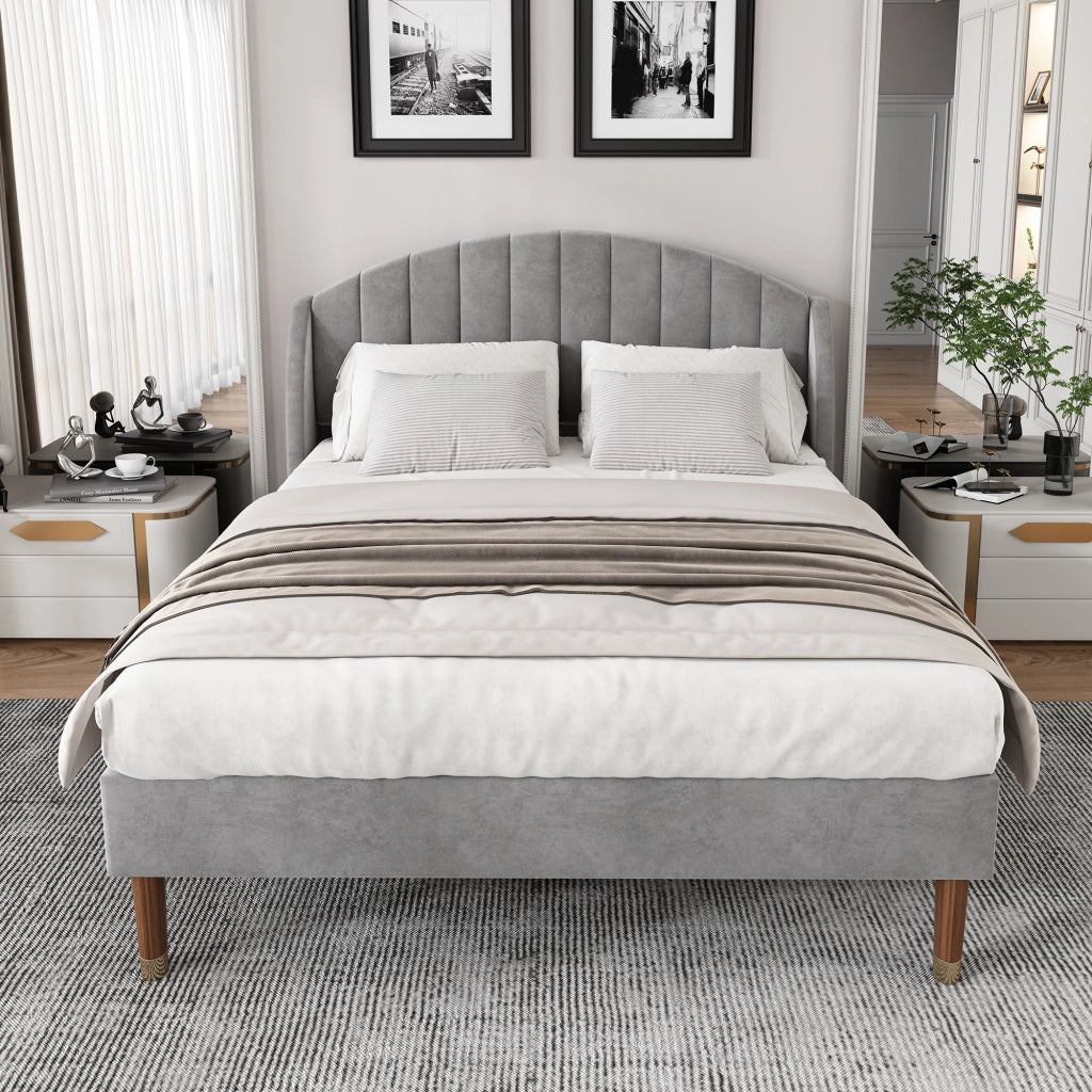 OKWISH Letto Matrimoniale 140×200 cm con Testiera Imbottita e Doghe in Legno, senza Materasso, in Velluto, Grigio