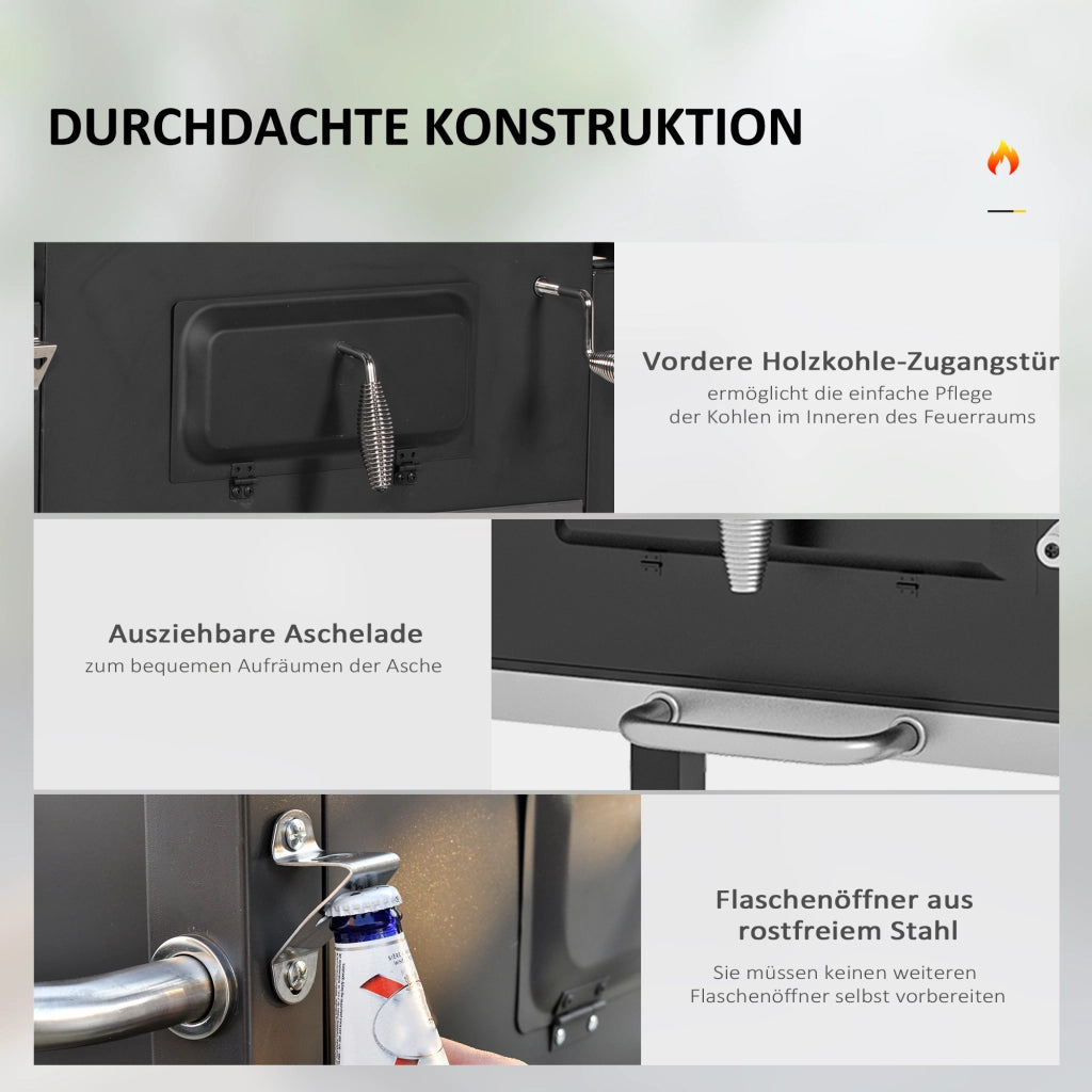 Carrello per barbecue a carbone, supporto per barbecue in acciaio inox nero, dimensioni 113x65x108 cm, per giardino e terrazzo.