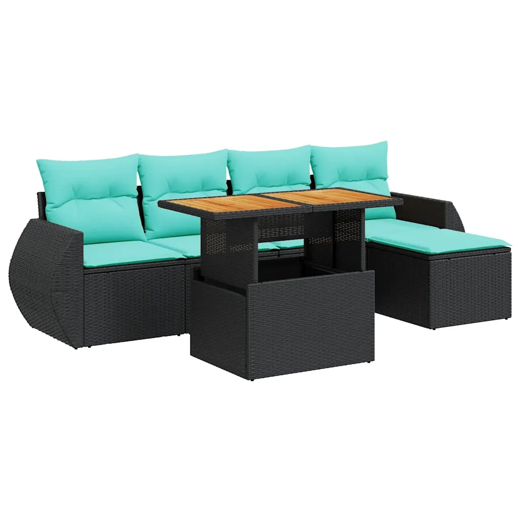 Set Divano da Giardino 6 pz con Cuscini Nero in Polyrattan
