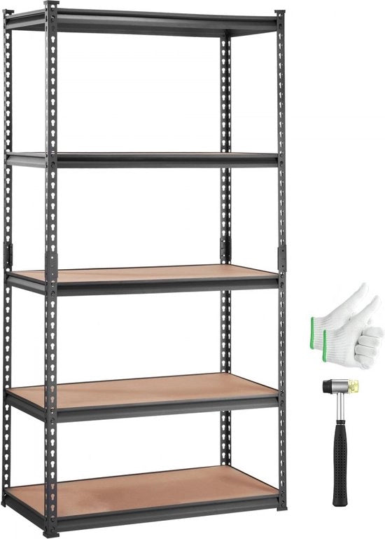 Opbergrek 907,2 kg Capacità di carico totale 181,4 kg per pannello Kelderrek in acciaio di carbonio SPCC + pannello MDF Inseribile 90x45x182,88cm Werkplaatsrek di alta resistenza Kelderrek a pannelli Regolabile