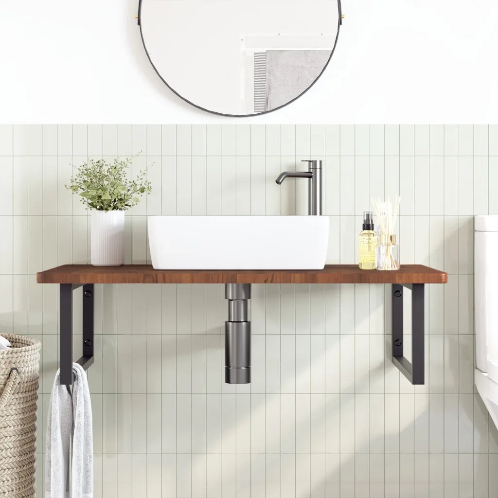 Ripiano a Parete per Lavabo in Acciaio e Massello di Rovere 3302489