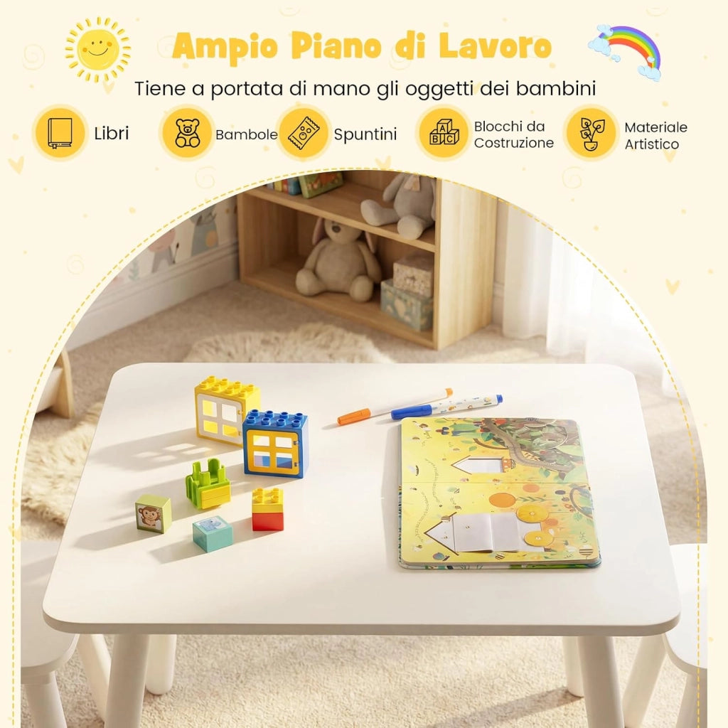 Set Tavolo e 2 Sedie per Bambini, Tavolo Attività con Schienali a Spindola Curvi, Sedute Rotonde e Gambe in Legno Massello, Tavolino per Bambini 3+ Anni per Disegno, Gioco e Studio (Bianco)