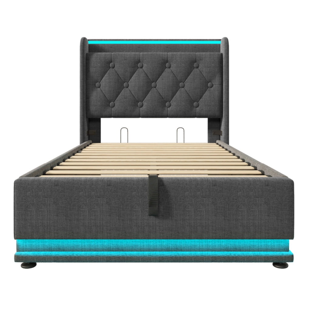 Letto singolo 90x200 cm in lino grigio con LED; USB e contenitore idraulico