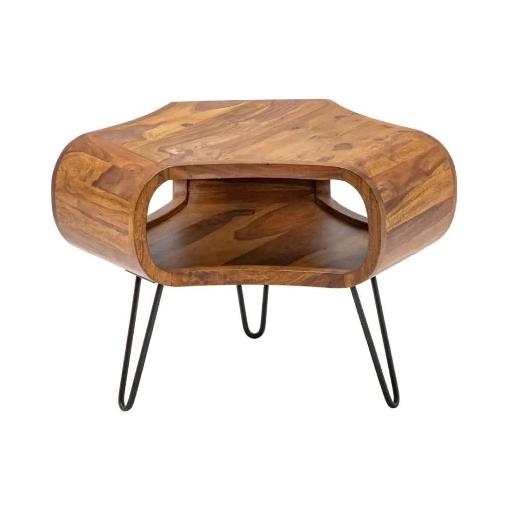 Tavolino basso NERA 70 cm in legno massiccio di Sheesham con nicchia e piedi in metallo nero – stile retro industriale