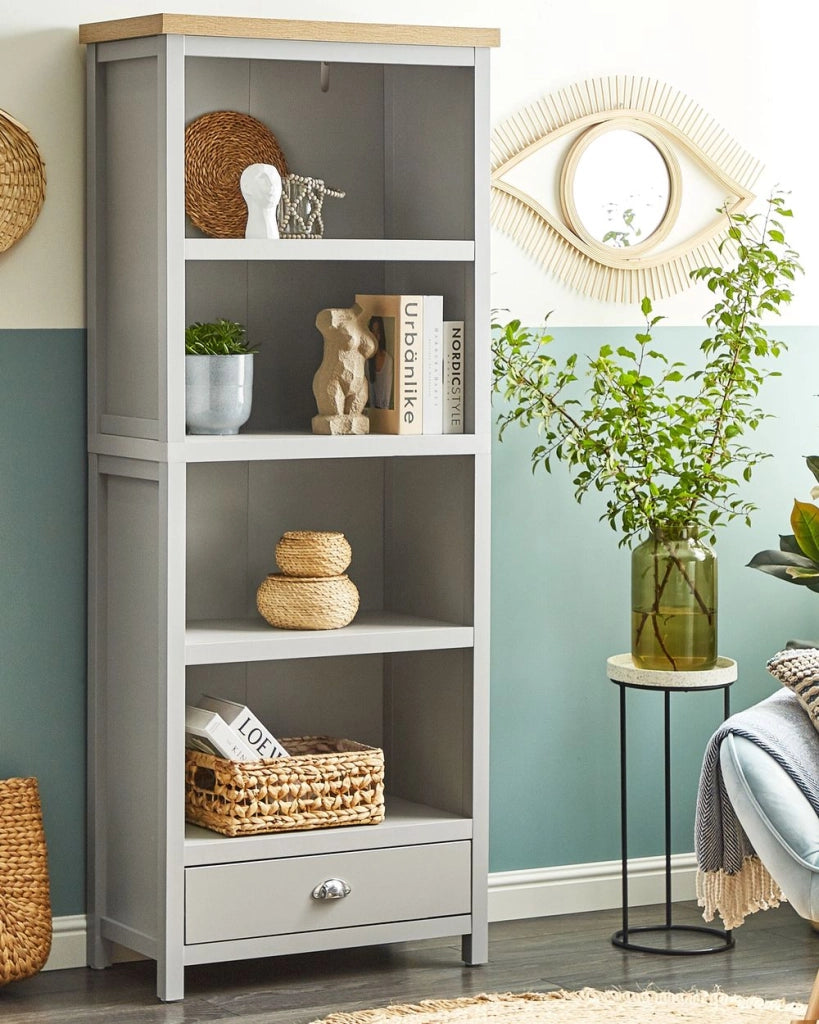 Libreria in Truciolare di Legno Chiaro Grigio 4 Ripiani Contenitori Corti Stile Scandinavo Tradizionale