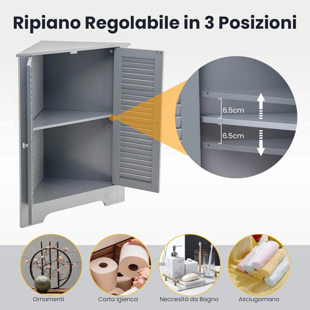 Mobile Angolare, Armadietto ad Angolo con 3 Livelli Ripiani, con 2 Ante e Ripiano Regolabile in Altezza, per Bagno, Ingresso, Soggiorno, Camera da Letto (Grigio)