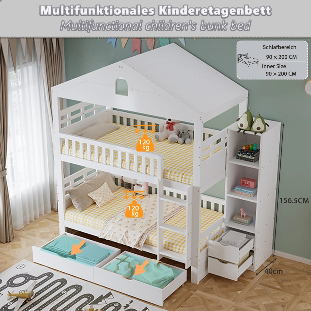 Letto a castello a casetta 90x200 cm bianco con scala; cassetti e scaffale