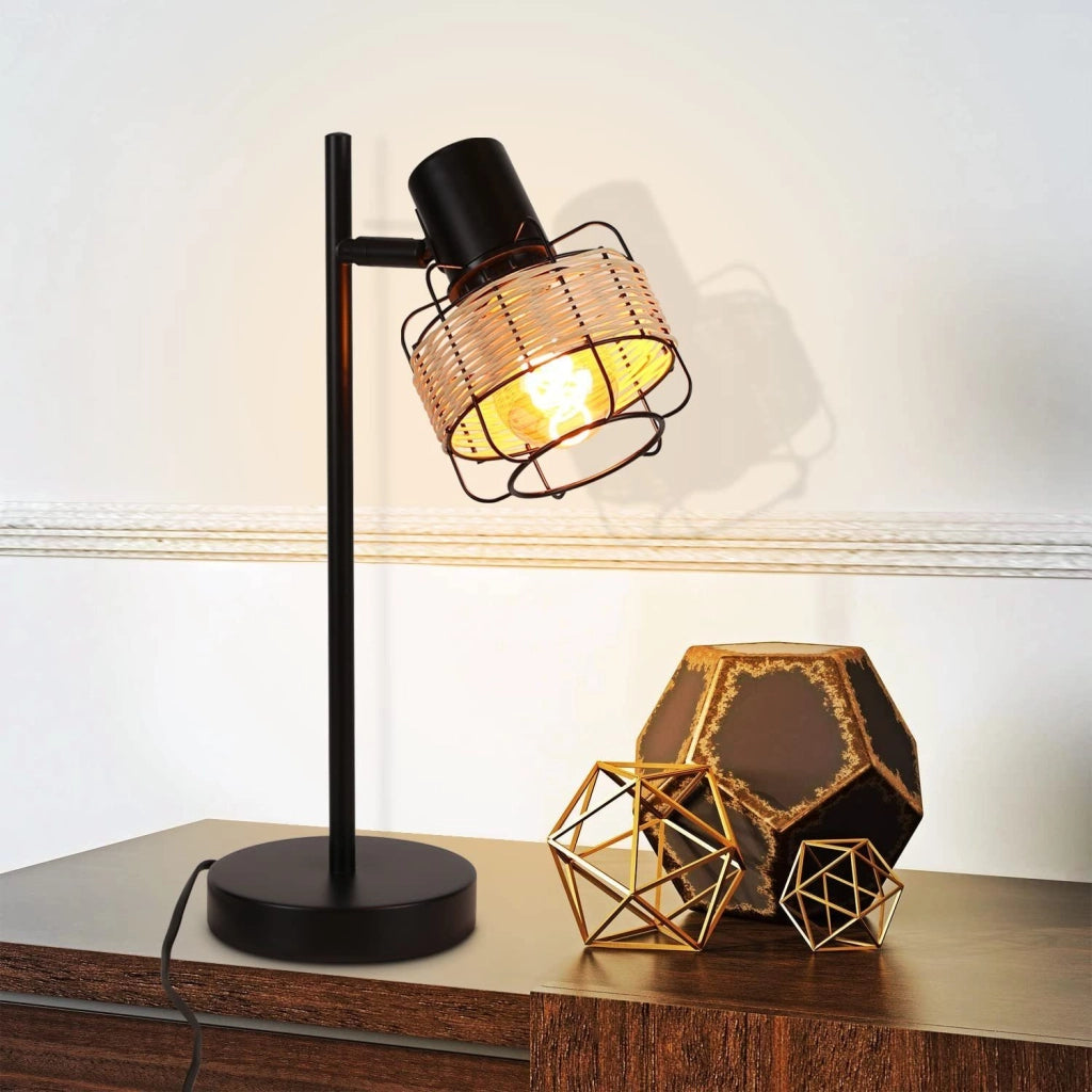 ZMH Lampada da tavolo rattan bambù boho rustico girevole E27 interruttore retrò per soggiorno camera