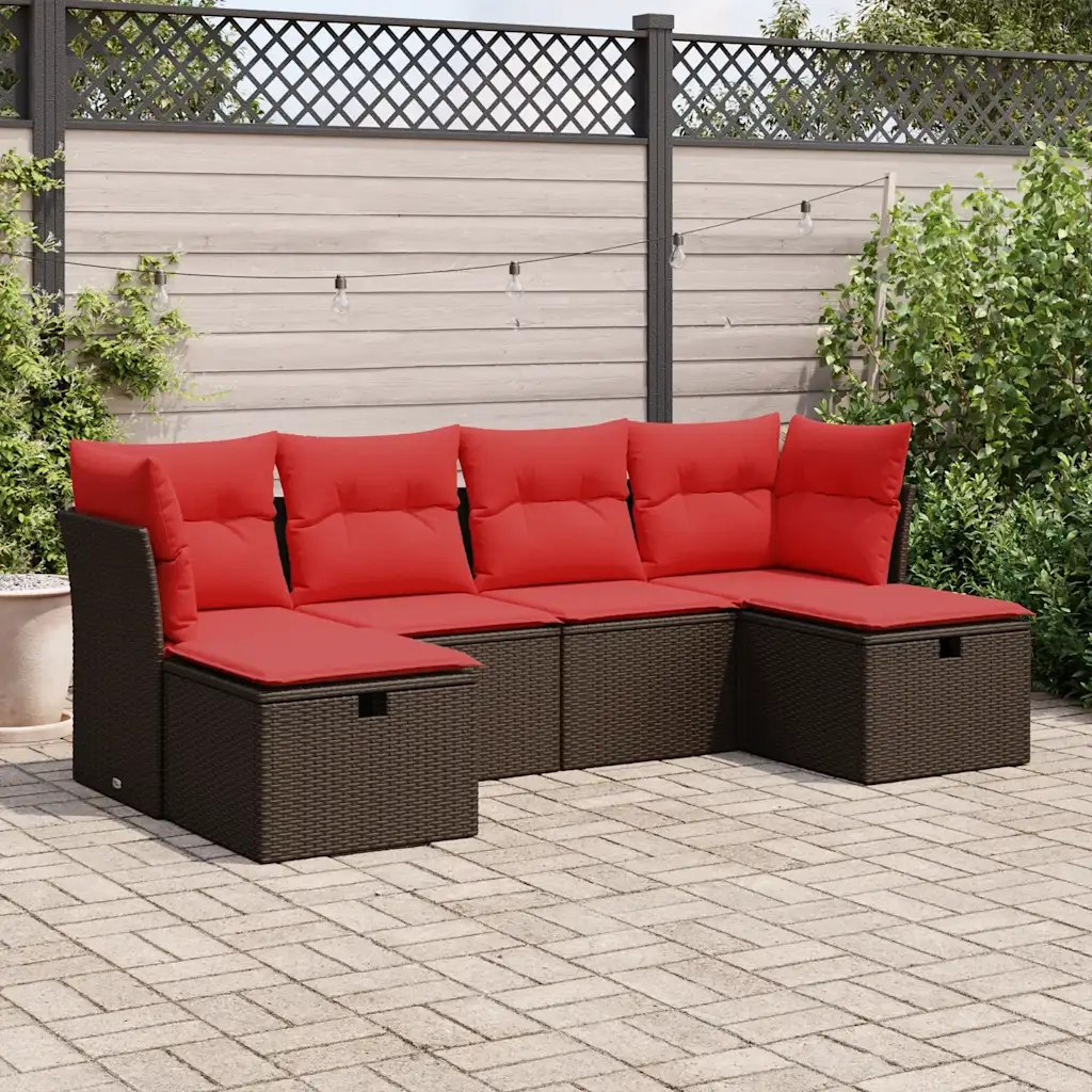 Set Divano da Giardino 6 pz con Cuscini Marrone in Polyrattan