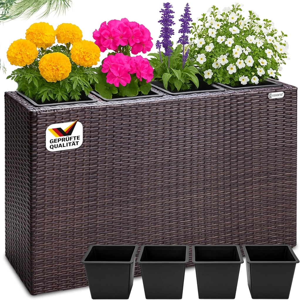Fioriera Rettangolare 95x27x60 cm con 4 Vasi Interni in Polyrattan con Sistema di Drenaggio Fioriere Porta Vaso da Fiori Piante Divisorio Giardino Balcone Terrazza Marrone