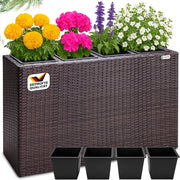 Fioriera Rettangolare 95x27x60 cm con 4 Vasi Interni in Polyrattan con Sistema di Drenaggio Fioriere Porta Vaso da Fiori Piante Divisorio Giardino Balcone Terrazza Marrone
