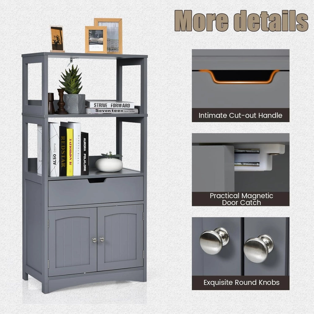 Mobile portaoggetti con ripiano a 3 livelli, armadio alto in legno, dispositivo antiribaltamento, cassetto e armadio a 2 ante, armadio moderno, 60 x 32,5 x 122 cm (grigio)