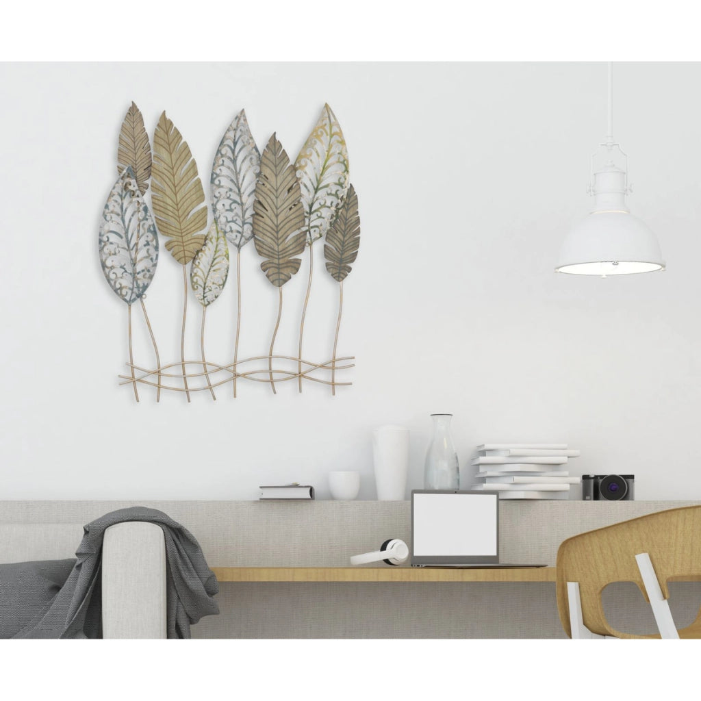Decorazione in Metallo 3D Foglia 51, Oro, Metallo, 75x2,5x87 cm