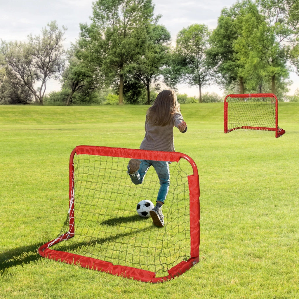 Set di 2 porte da calcio, mini porte pieghevoli in acciaio Q195 e Tetrolon, rosse, 90x36x60 cm, per giardino e parco giochi.