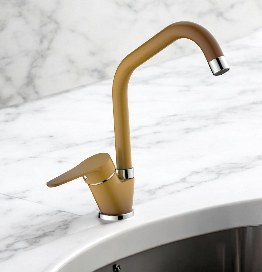 Miscelatore per cucina in ottone colore terra di francia, canna a ponte