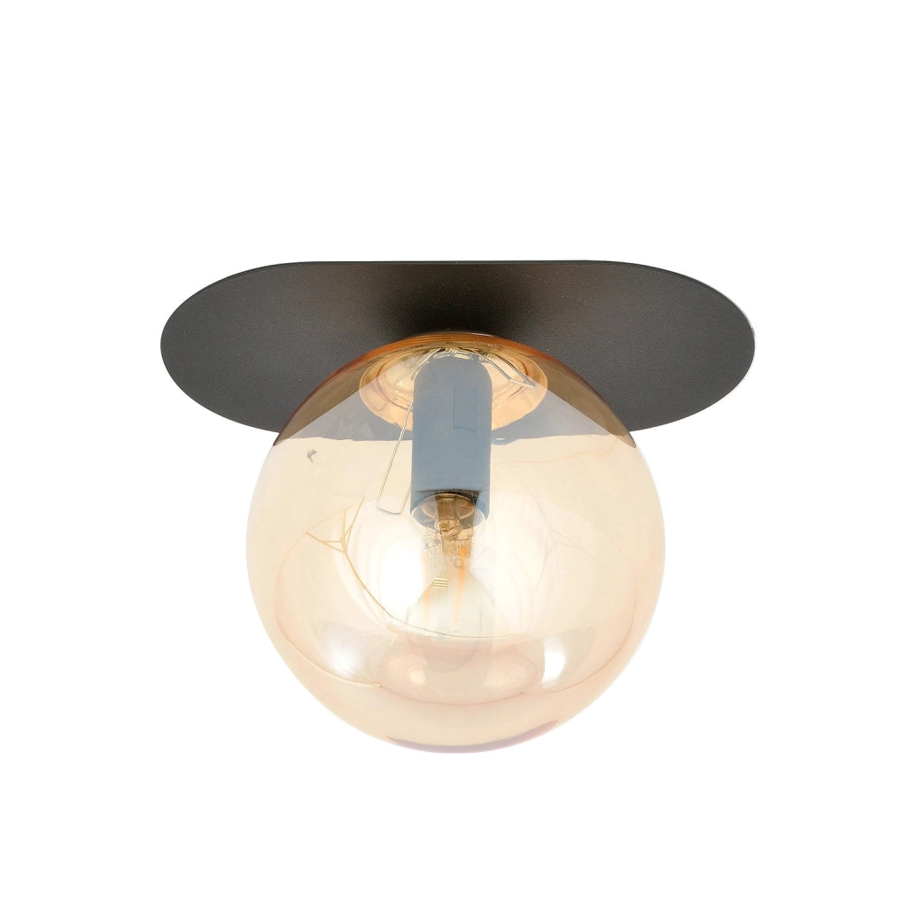 Plafoniera Minimal 1 Luce Teia In Acciaio Nero E Sfera Vetro Ambra