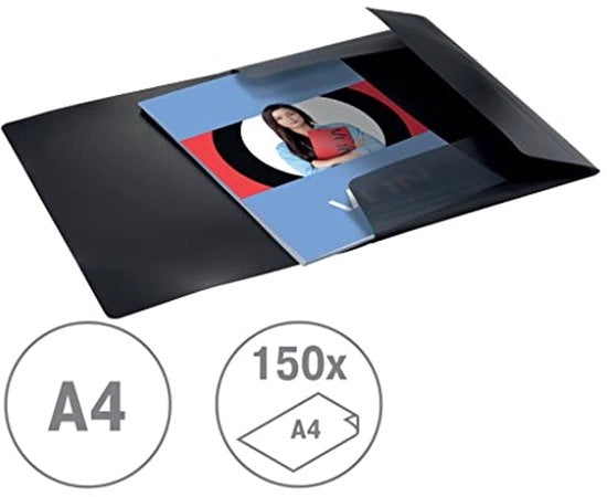 Mapa A4 in plastica PP, per 150 fogli, 3 cerniere, con cinghia elastica, con stampa VON moderna, leggera per scuola e casa, 5 pezzi, nero, 30070095