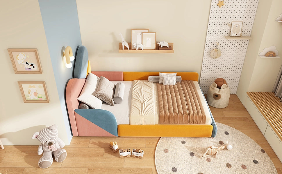 Letto imbottito per bambini 90x200 cm in velluto; basso con sponde rialzate; design multicolore