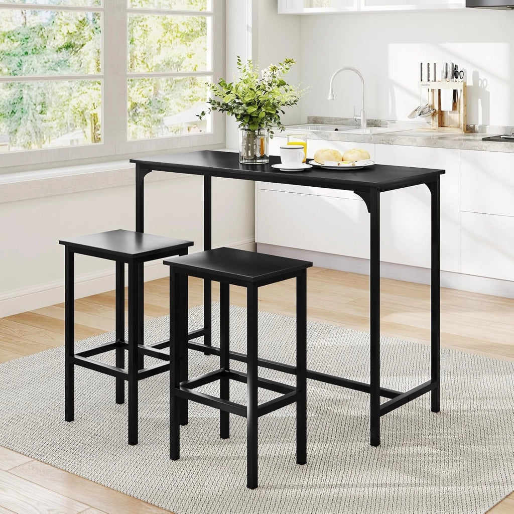 Tavolo con 2 Sgabelli in Metallo e Legno, Set da Pranzo 3 Pezzi, Tavolo Rettangolare da Cucina con 2 Sedie per Sala da Pranzo, Appartamento e Bistro, Stile Retrò (Nero)
