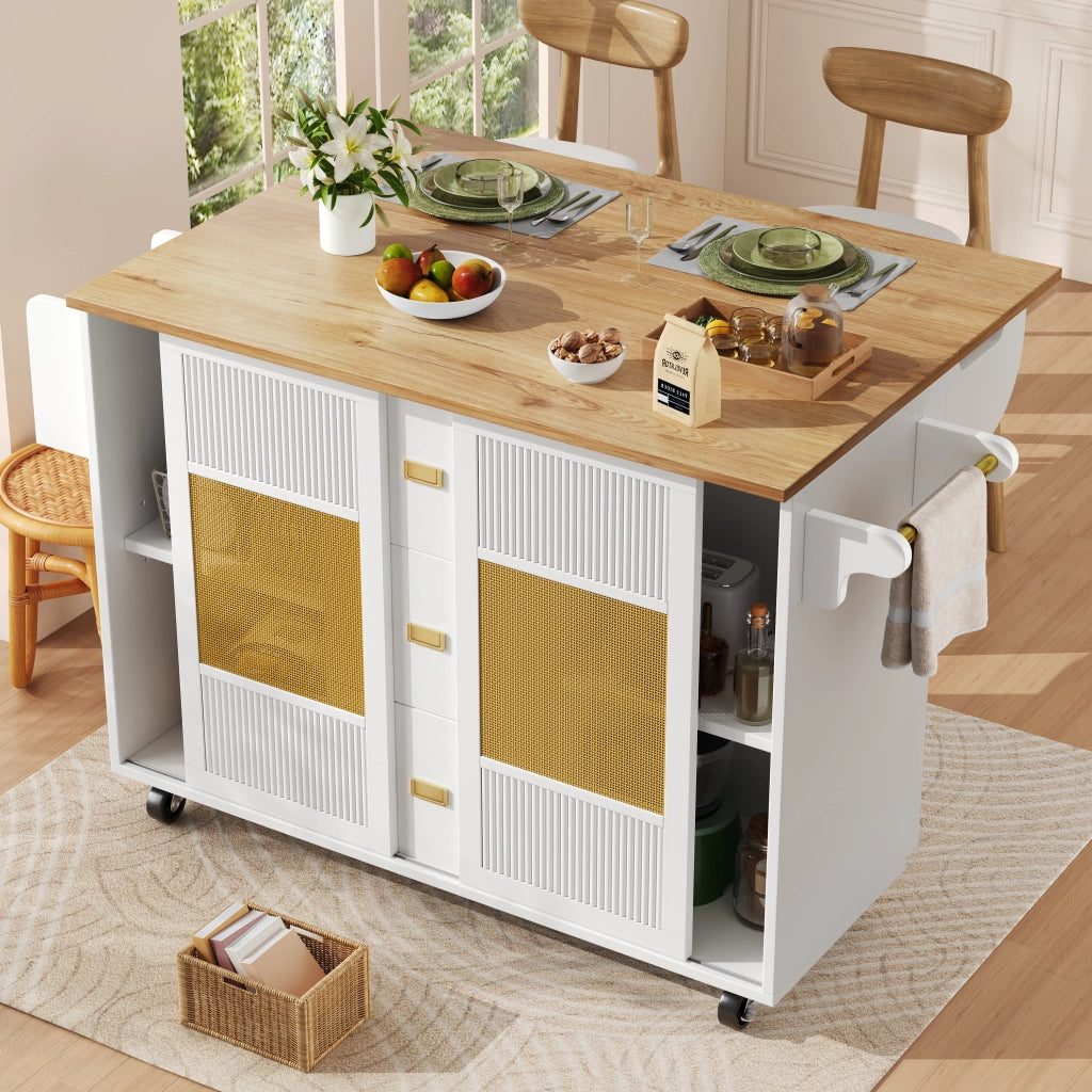 Isola da cucina con 3 cassetti; 2 ante scorrevoli; piano ribaltabile e portaasciugamani; in MDF e metallo; 146;85x70x90 cm; bianco